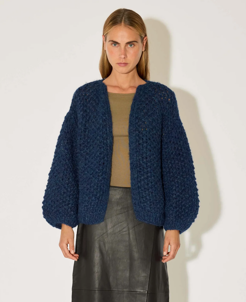 Chunky Alpaca Pearl Pattern Bomber Cardigan - Denim