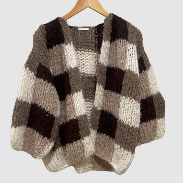 Fleecy Alpaca Checkered Cardigan - Brown