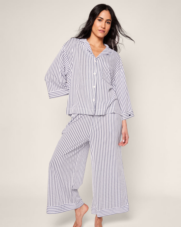 French Ticking Olivia Wide Leg Pajama Set - Navy