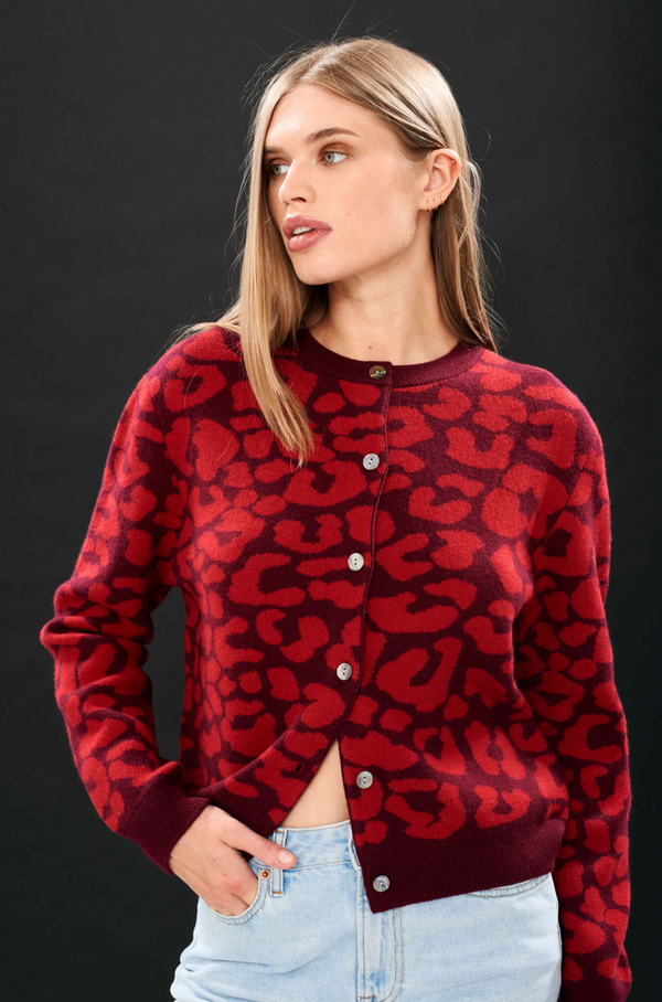 Leopard Crew Cardigan - Burgundy Poppy