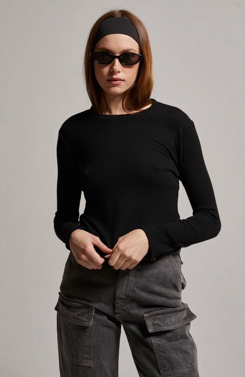 Hannah Ribbed Long Sleeve Tee - Black