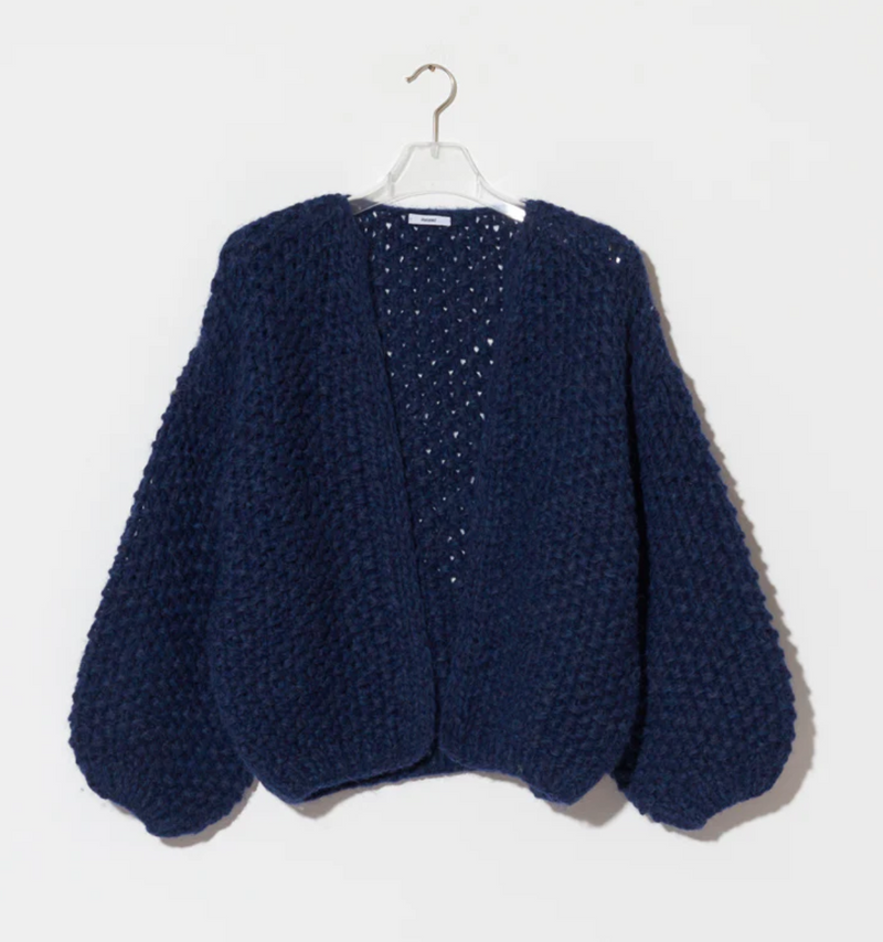 Chunky Alpaca Pearl Pattern Bomber Cardigan - Denim