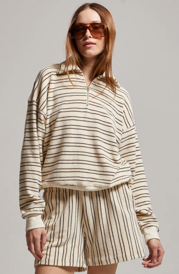 Cody Cropped 1/4 Zip - Cream/Brown Stripe