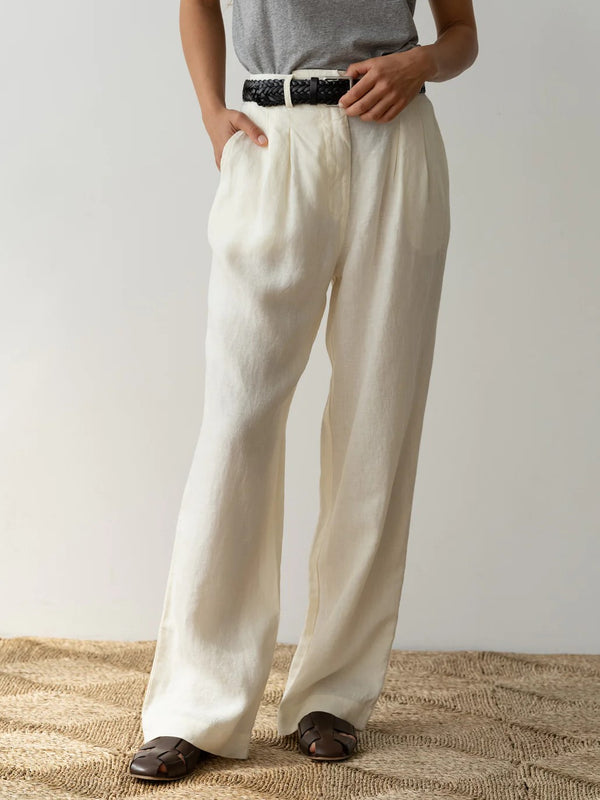 The Linen Pleated Pant - Creme