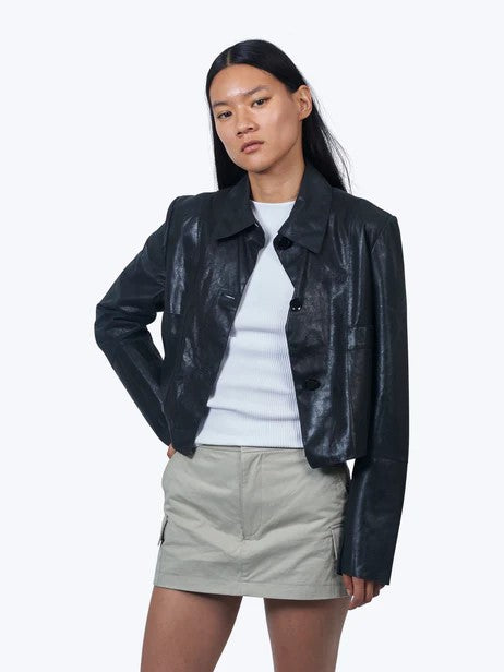 Simona Novelty Leather Jacket - Black Shimmer