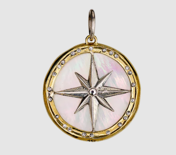 Rose Of The Winds Compass Pendant - Brass, Sterling Silver, Crystals & Mother-of-Pearl
