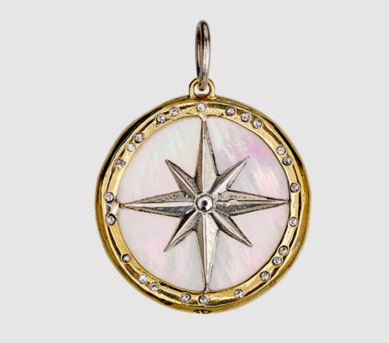 Rose Of The Winds Compass Pendant - Brass, Sterling Silver, Crystals & Mother-of-Pearl