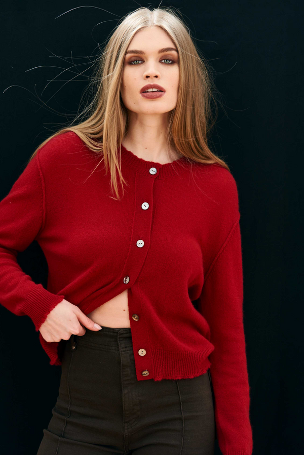 Cashmere Distressed Cardigan - Dull Red