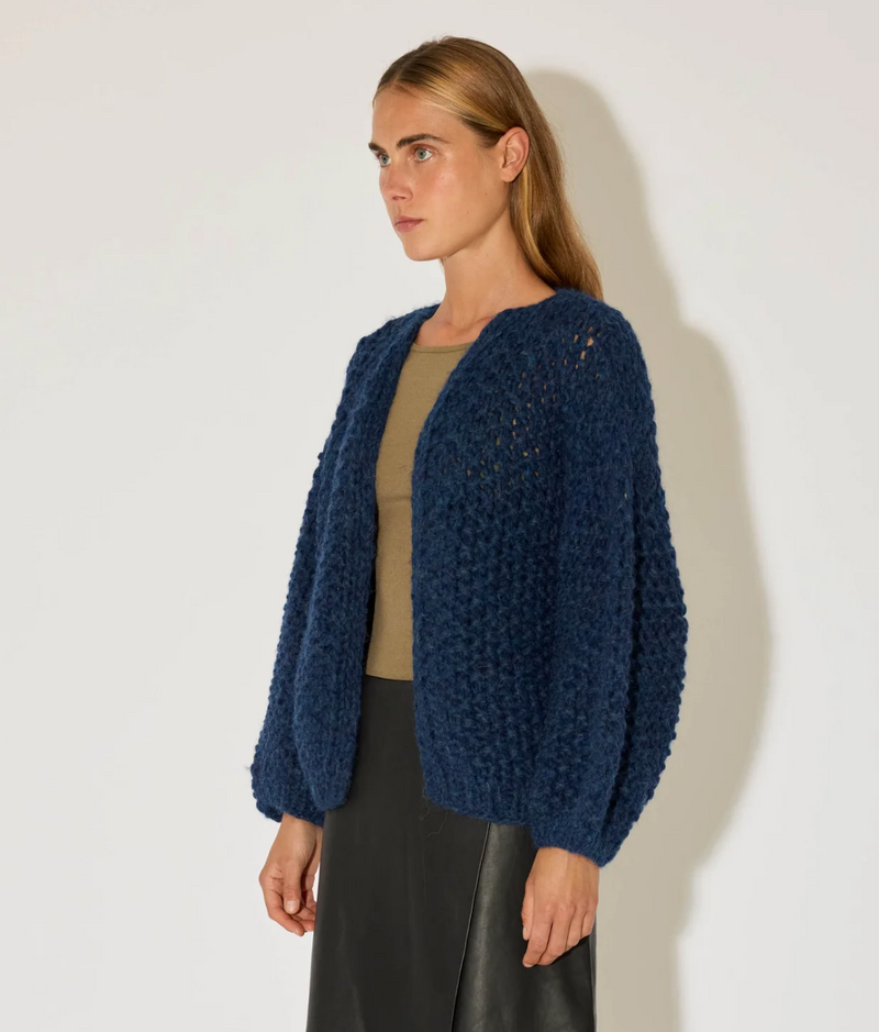 Chunky Alpaca Pearl Pattern Bomber Cardigan - Denim