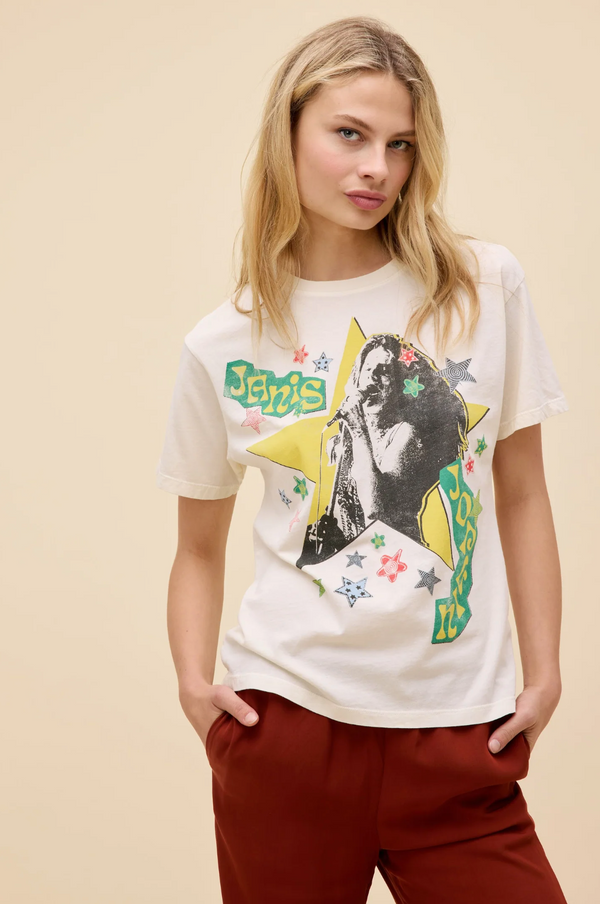 Janis Joplin Scrapbook Art Boyfriend Tee - Stone Vintage