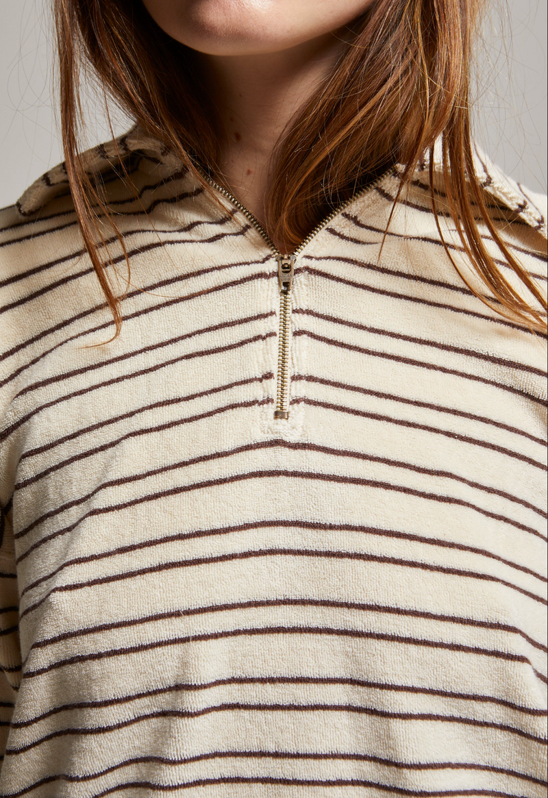 Cody Cropped 1/4 Zip - Cream/Brown Stripe