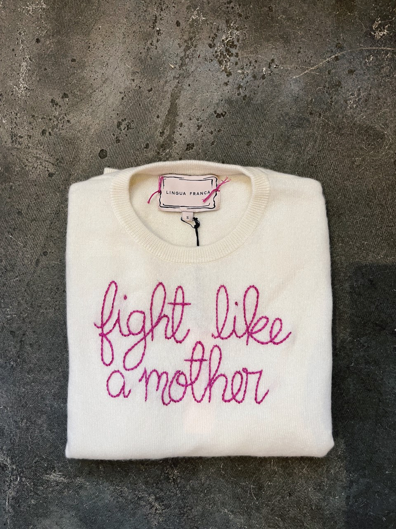 "Fight Like A Mother" Hand Embroidered Cashmere Crewneck - Cream/Fuchsia