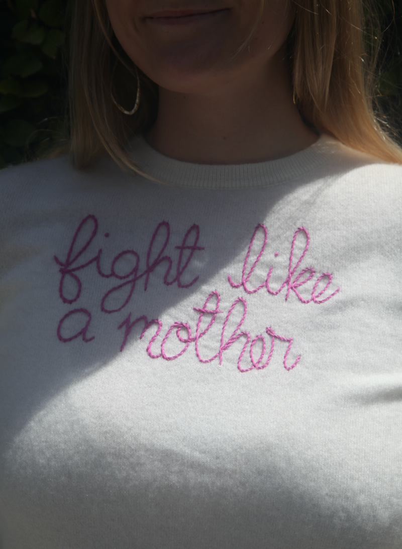 "Fight Like A Mother" Hand Embroidered Cashmere Crewneck - Cream/Fuchsia